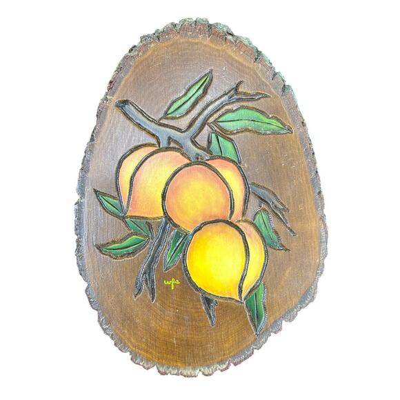 Vintage- Wood Chip- Wall Art- Peaches- Painted- signed wfs- some wear rustic - Picture 1 of 7